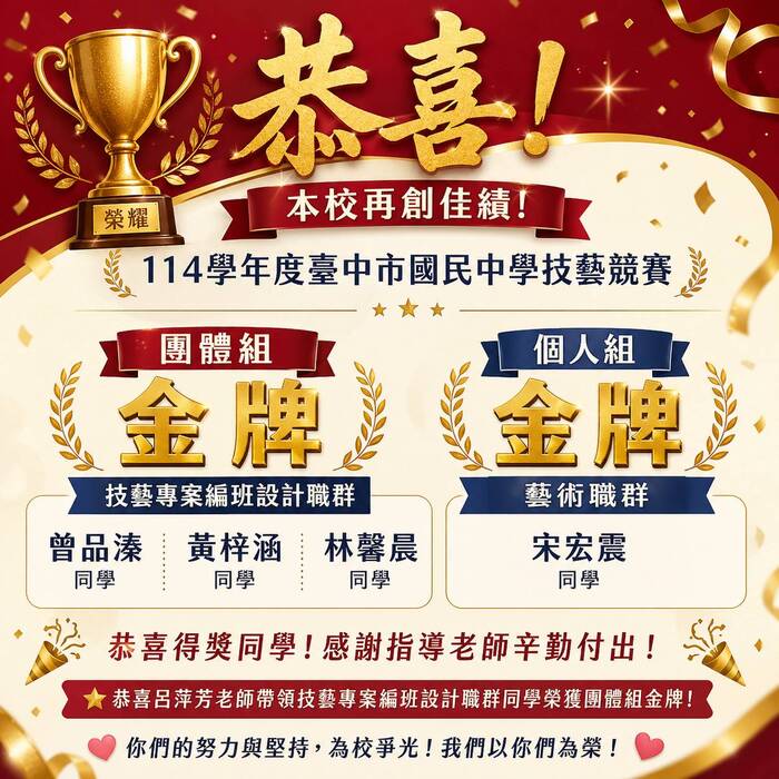 114學年度臺中市國民中學技藝競賽榮獲雙金！